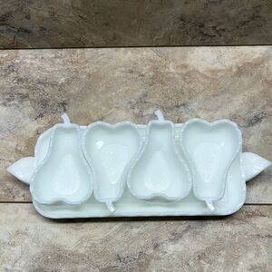 vintage 1950s Imperial Glass white milk glass pear-shaped relish set, candy/nuts